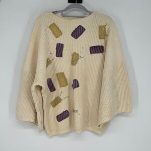 Vintage 80s Oversized Cotton Chunky Knit Sweater L Beige Abstract Geometric